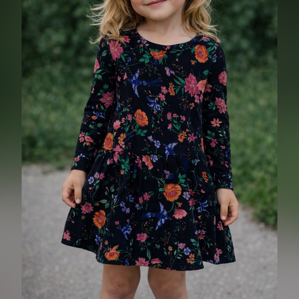 Old Navy Girls Black Floral Dress 4t Long Sleeve Twirl Cottagecore Boho